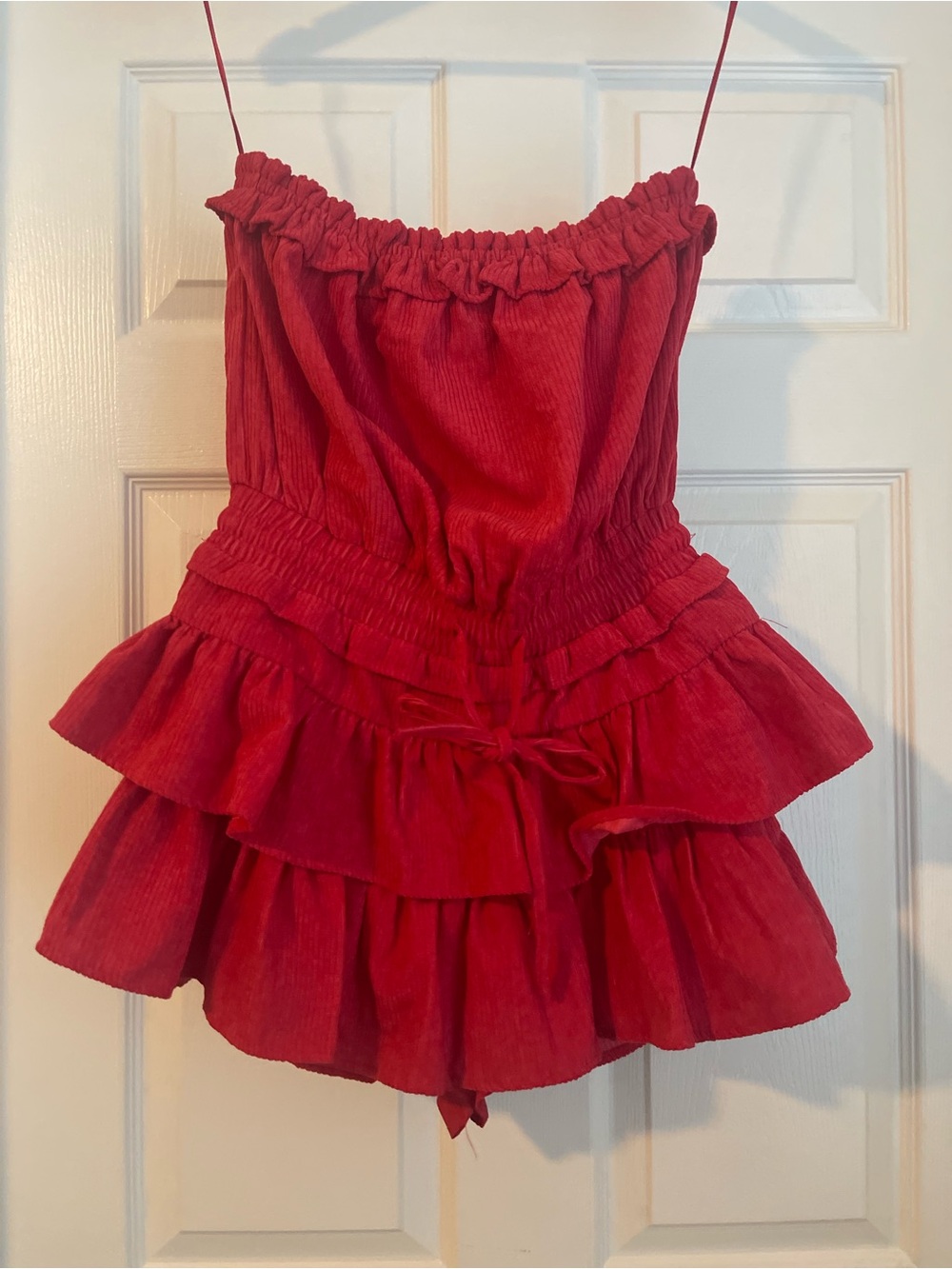 Day + Moon Ruffle Strapless Romper Dress Red Corduroy